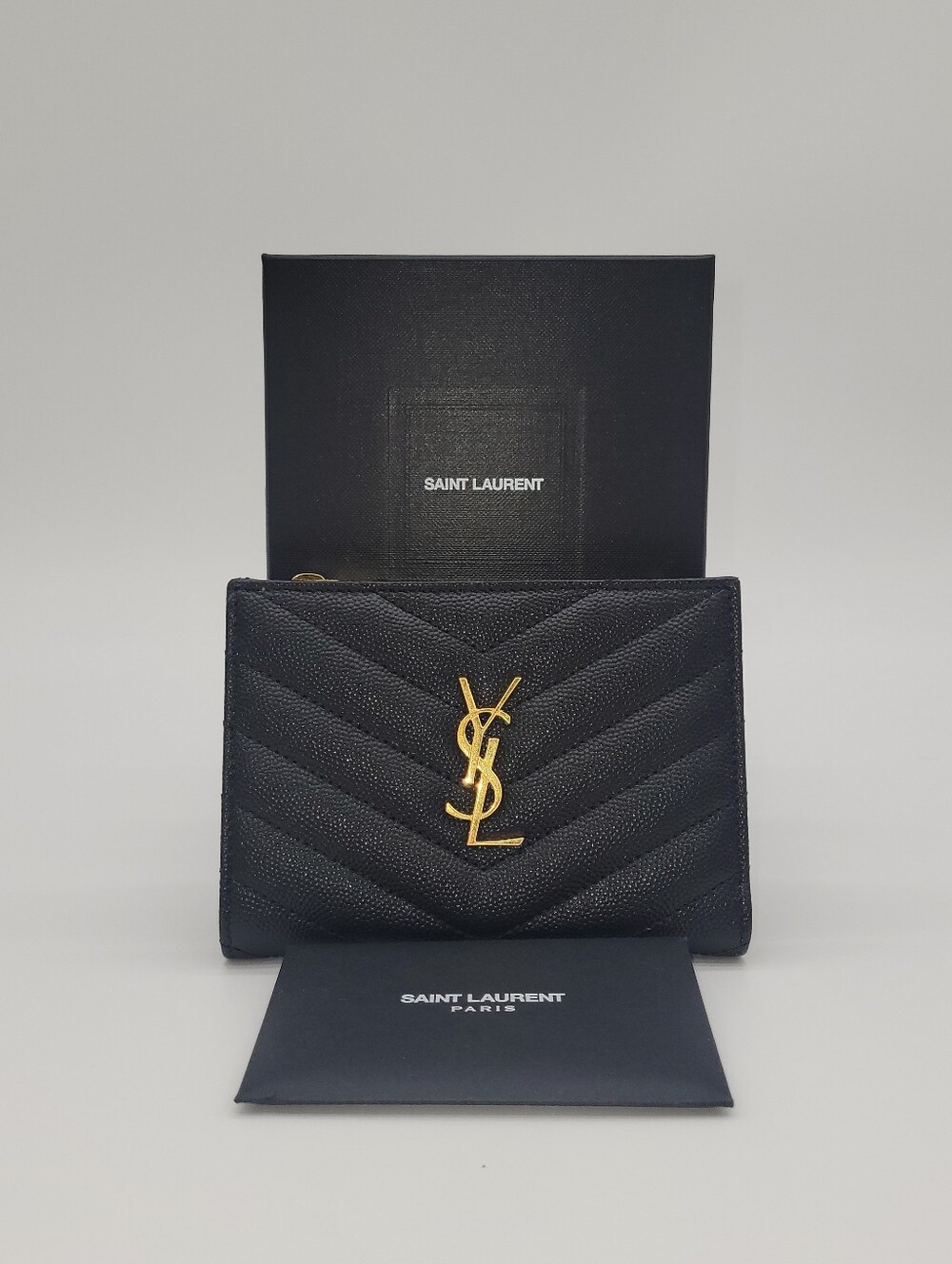 NWOTs! Saint Laurent Black Cheveron Quilted Pebbked Leather Bi- Fold Wallet - Picture 1 of 9